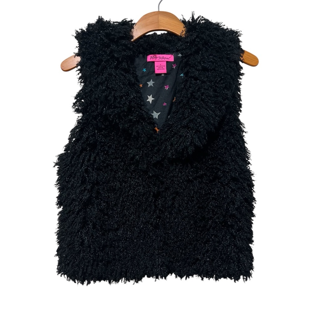 Betsey Johnson Black Faux Fur Vest Star Y2K Whimsygoth Grunge Punk Rock VTG S